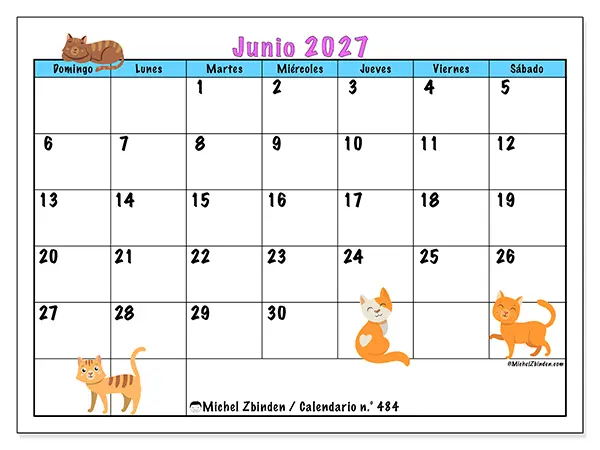 Calendario de junio de 2027 para imprimir - Amor por los gatos - Semana: de domingo a sábado