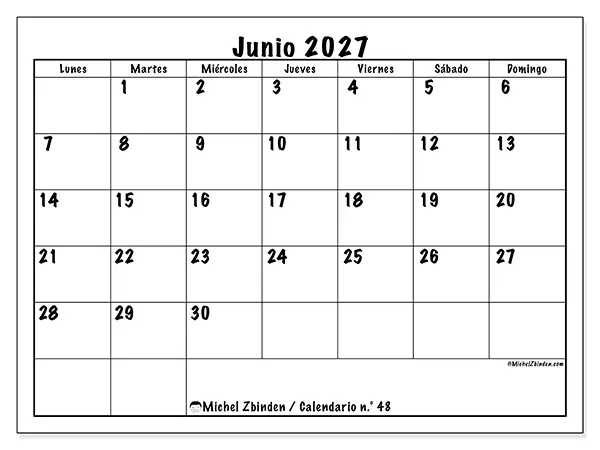 Calendario de junio de 2027 para imprimir - Eficiencia diaria