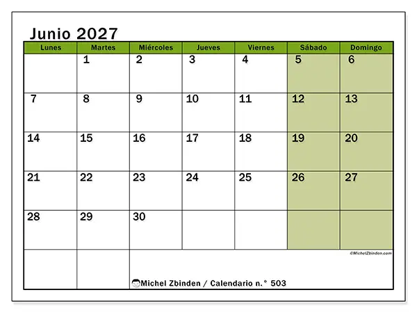 Calendario de junio de 2027 para imprimir - Organización viva