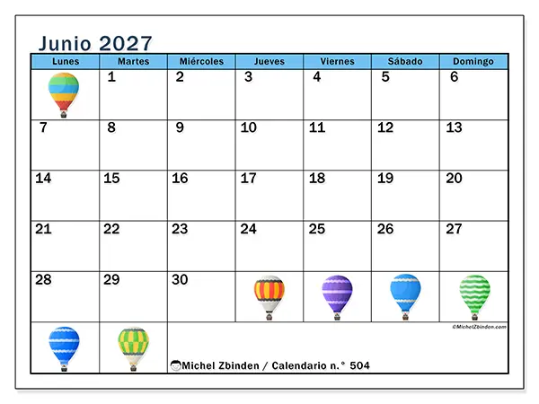 Calendario de junio de 2027 para imprimir - Globos aerostáticos