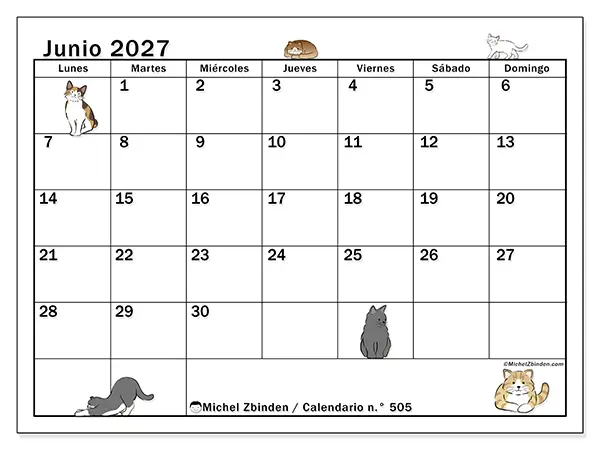 Calendario de junio de 2027 para imprimir - Vida de gato