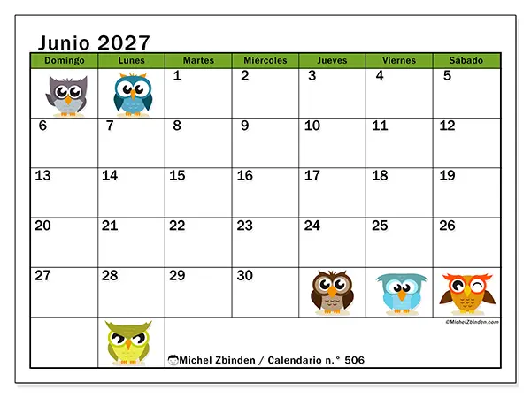 Calendario de junio de 2027 para imprimir - Búhos divertidos - Semana: de domingo a sábado