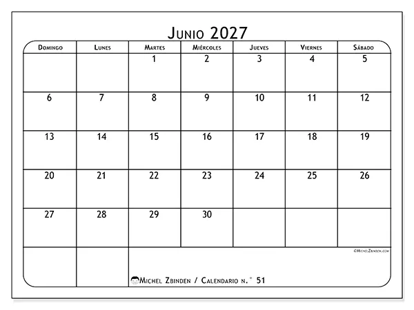 Calendario de junio de 2027 para imprimir - Planificador de comidas - Semana: de domingo a sábado