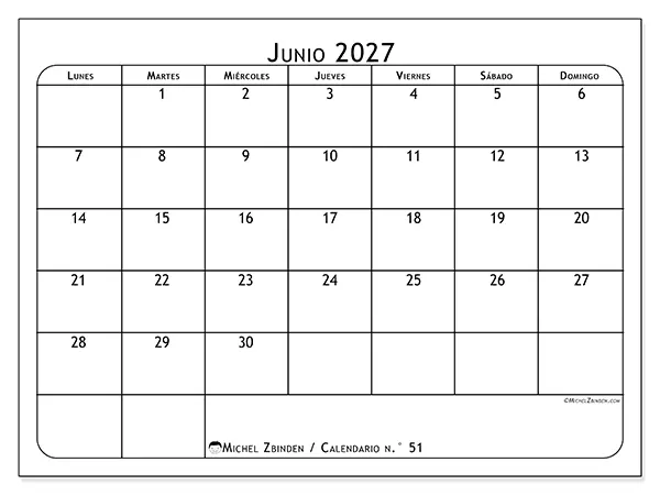 Calendario de junio de 2027 para imprimir - Planificador de comidas