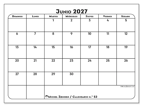 Calendario de junio de 2027 para imprimir - Organización profesional - Semana: de domingo a sábado