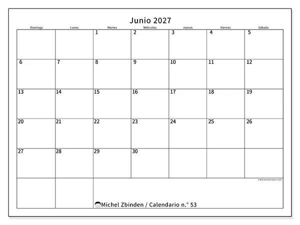 Calendario de junio de 2027 para imprimir - Horario eficiente - Semana: de domingo a sábado