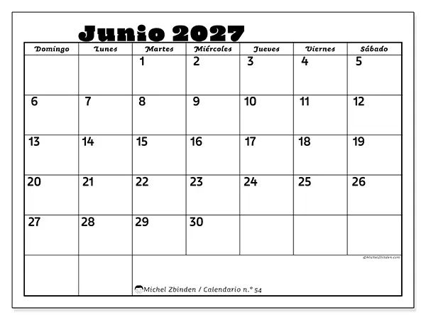 Calendario de junio de 2027 para imprimir - Actividades en familia - Semana: de domingo a sábado