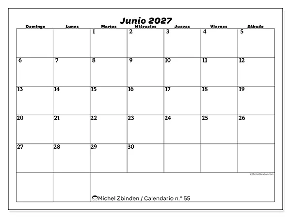Calendario de junio de 2027 para imprimir - Organización del ocio - Semana: de domingo a sábado