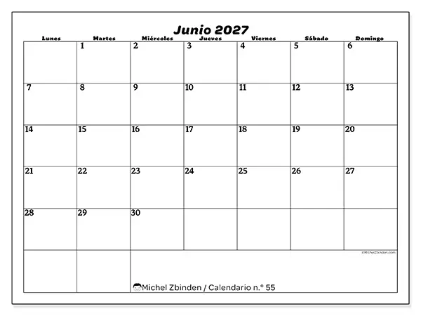 Calendario de junio de 2027 para imprimir - Organización del ocio