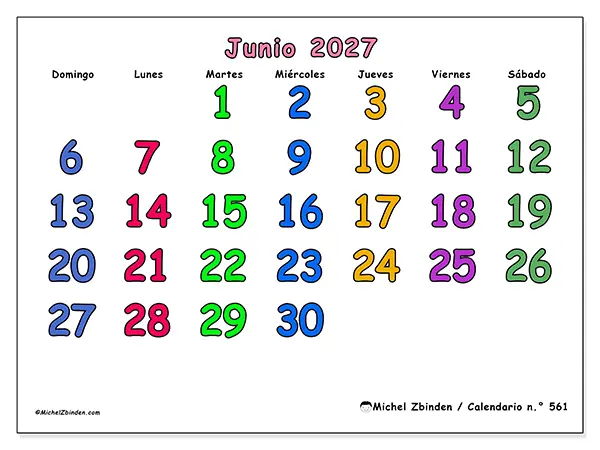Calendario de junio de 2027 para imprimir - Momentos creativos - Semana: de domingo a sábado