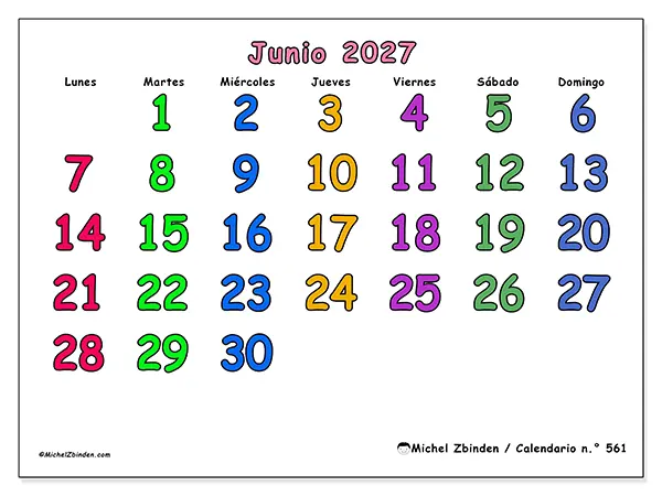 Calendario de junio de 2027 para imprimir - Momentos creativos