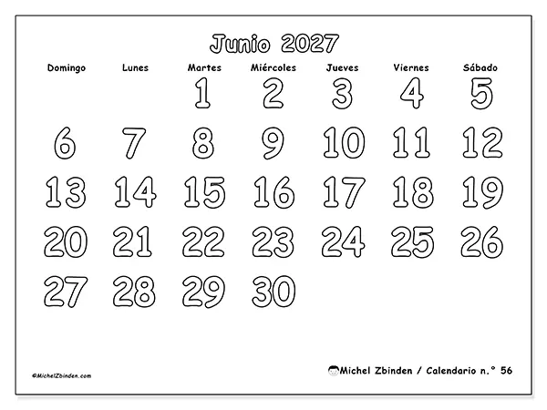 Calendario de junio de 2027 para imprimir - Colorear útil - Semana: de domingo a sábado