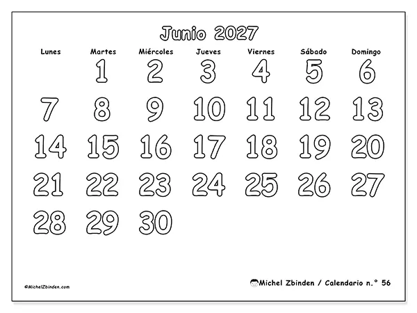 Calendario de junio de 2027 para imprimir - Colorear útil