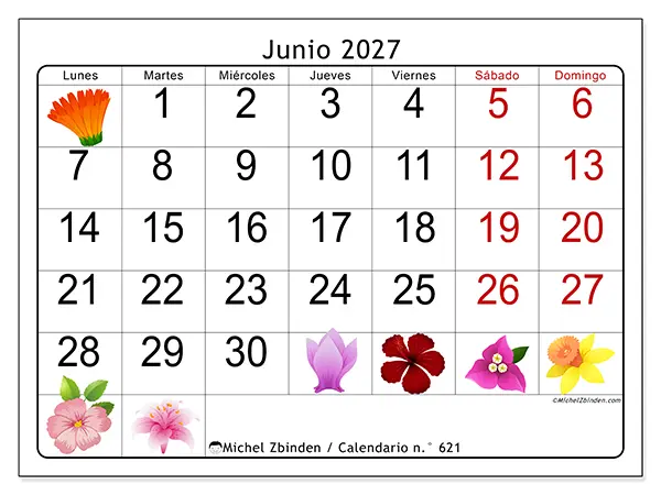 Calendario de junio de 2027 para imprimir - Flores grandes