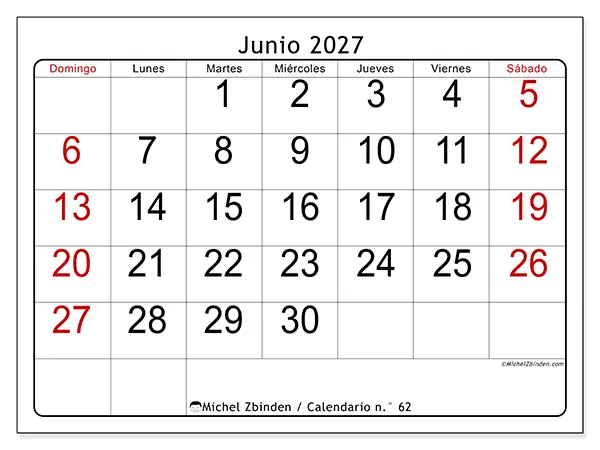 Calendario de junio de 2027 para imprimir - Lectura rápida - Semana: de domingo a sábado
