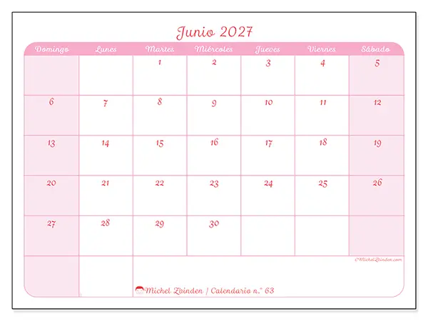 Calendario de junio de 2027 para imprimir - Organización en suavidad - Semana: de domingo a sábado