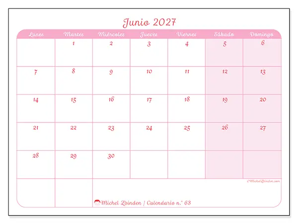 Calendario de junio de 2027 para imprimir - Organización en suavidad