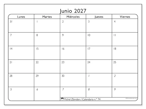 Calendario de junio de 2027 para imprimir - Organización del trabajo