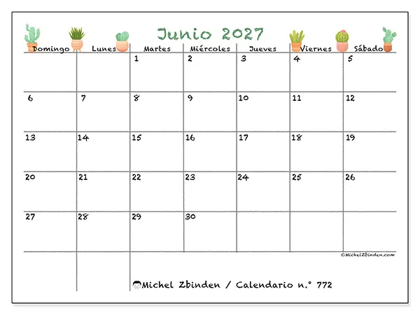 Calendario de junio de 2027 para imprimir - Cactus decorativos - Semana: de domingo a sábado