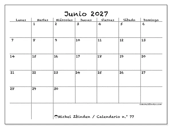 Calendario de junio de 2027 para imprimir - Escuela y familia