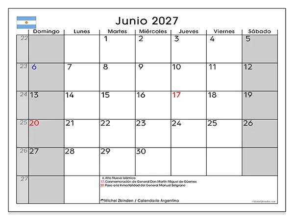 Calendario de junio de 2027 para imprimir - Argentina