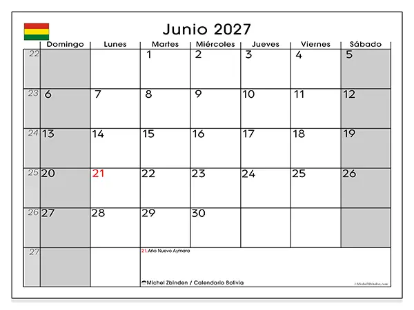 Calendario de junio de 2027 para imprimir - Bolivia