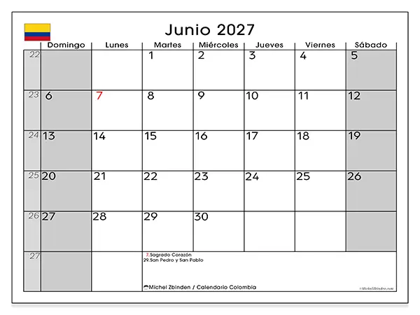 Calendario de junio de 2027 para imprimir - Colombia