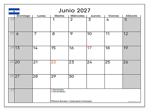 Calendario de junio de 2027 para imprimir - El Salvador