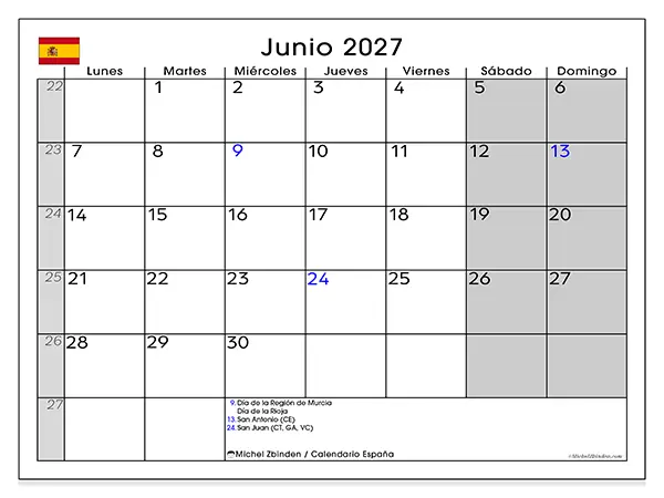 Calendario de junio de 2027 para imprimir - España