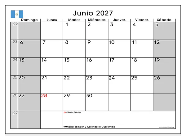 Calendario de junio de 2027 para imprimir - Guatemala