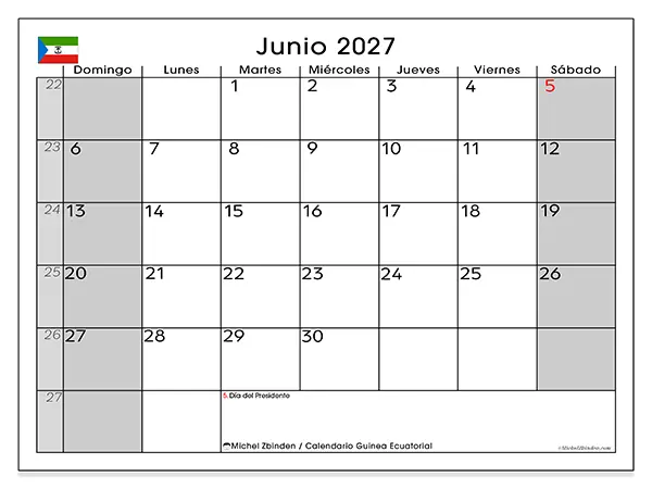 Calendario de junio de 2027 para imprimir - Guinea Ecuatorial