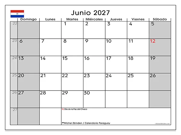 Calendario de junio de 2027 para imprimir - Paraguay