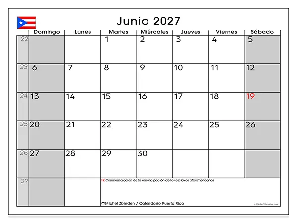 Calendario de junio de 2027 para imprimir - Puerto Rico