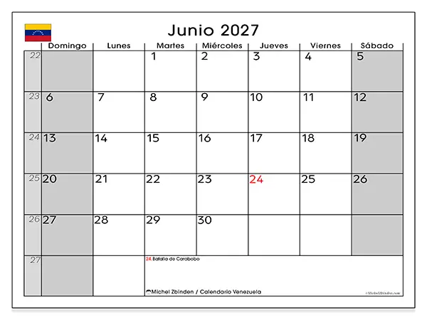 Calendario de junio de 2027 para imprimir - Venezuela