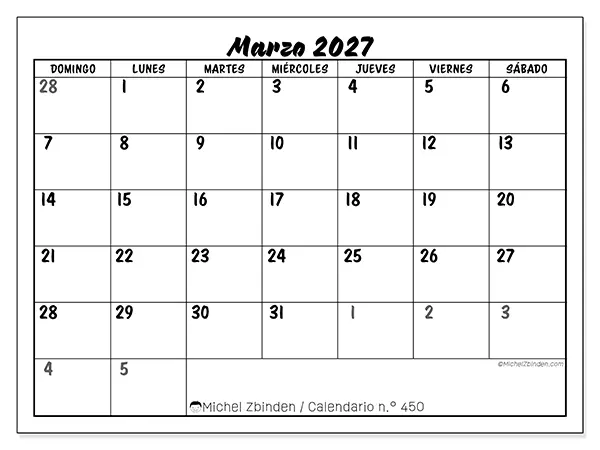 Calendario de marzo de 2027 para imprimir - Organización detallada - Semana: de domingo a sábado