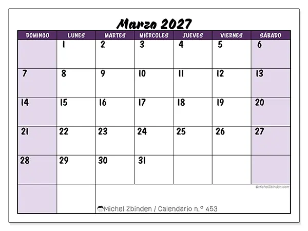 Calendario de marzo de 2027 para imprimir - Eficiencia colorida - Semana: de domingo a sábado
