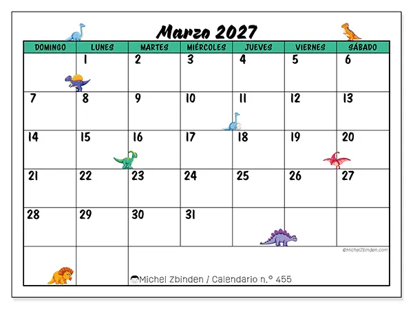 Calendario de marzo de 2027 para imprimir - Pequeños dinosaurios - Semana: de domingo a sábado