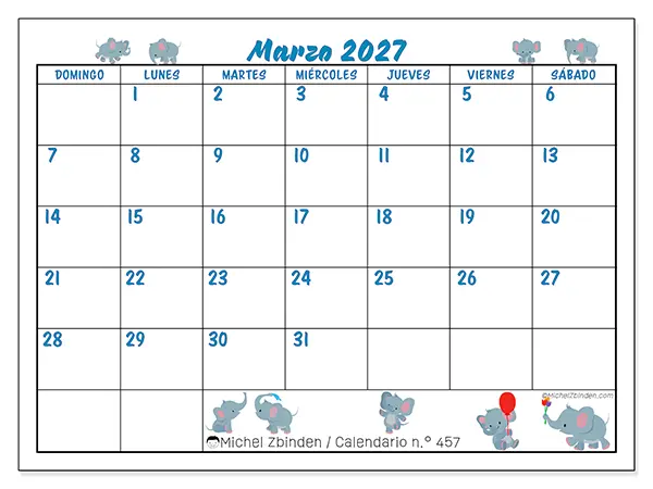 Calendario de marzo de 2027 para imprimir - Pequeños elefantes - Semana: de domingo a sábado