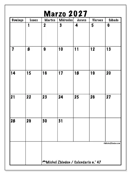 Calendario de marzo de 2027 para imprimir - Planificación eficiente - Semana: de domingo a sábado