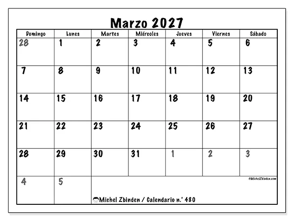 Calendario de marzo de 2027 para imprimir - Planificación completa - Semana: de domingo a sábado