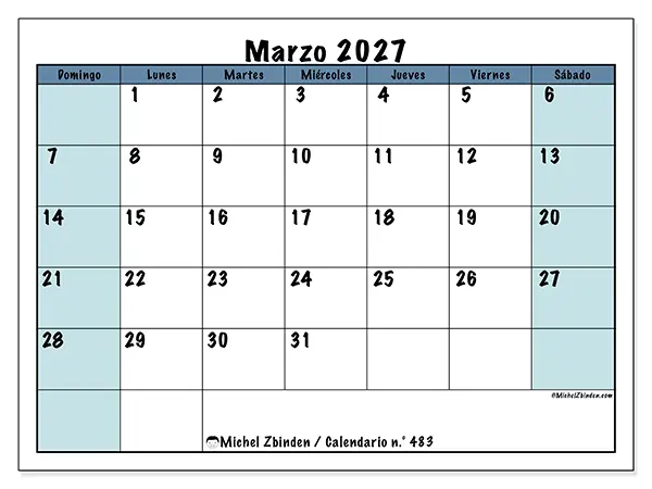 Calendario de marzo de 2027 para imprimir - Estructura para la escuela - Semana: de domingo a sábado