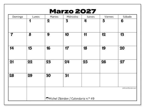 Calendario de marzo de 2027 para imprimir - Coordinación productiva - Semana: de domingo a sábado