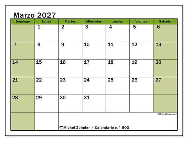 Calendario de marzo de 2027 para imprimir - Organización viva - Semana: de domingo a sábado