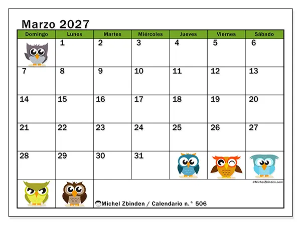 Calendario de marzo de 2027 para imprimir - Búhos divertidos - Semana: de domingo a sábado