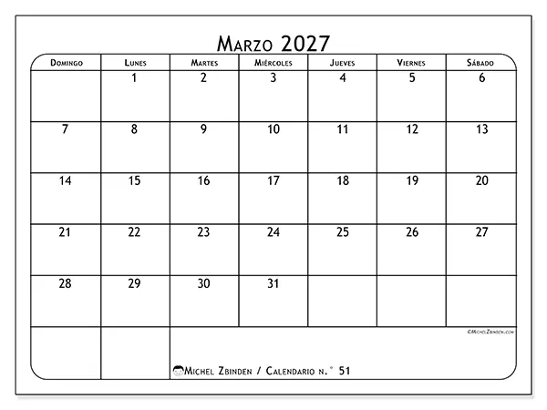 Calendario de marzo de 2027 para imprimir - Planificador de comidas - Semana: de domingo a sábado