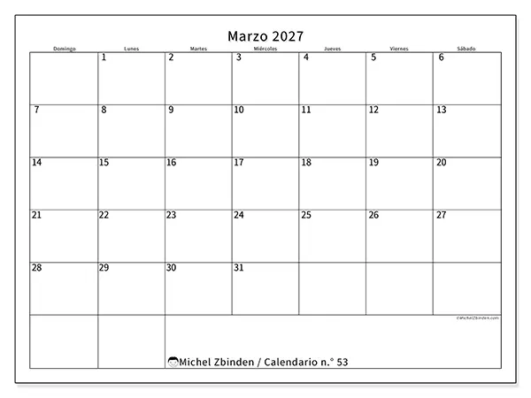 Calendario de marzo de 2027 para imprimir - Horario eficiente - Semana: de domingo a sábado