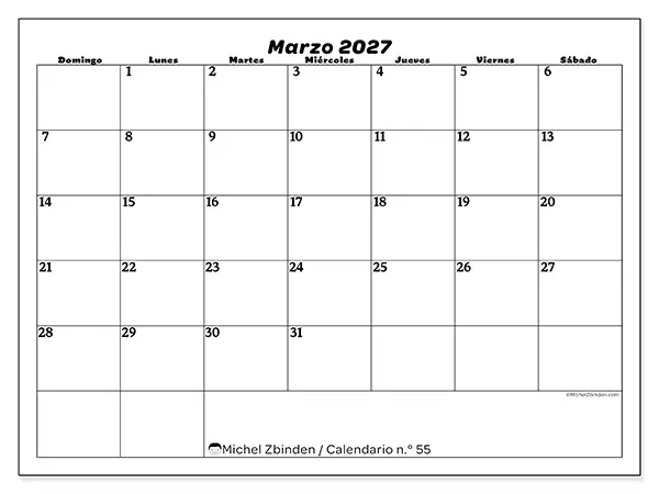 Calendario de marzo de 2027 para imprimir - Organización del ocio - Semana: de domingo a sábado