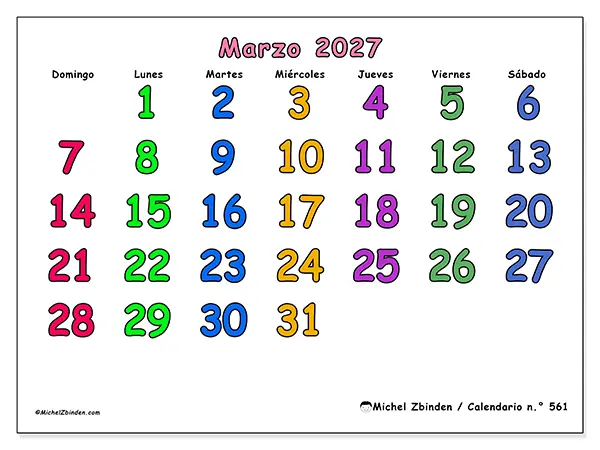 Calendario de marzo de 2027 para imprimir - Momentos creativos - Semana: de domingo a sábado