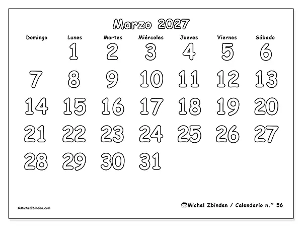 Calendario de marzo de 2027 para imprimir - Colorear útil - Semana: de domingo a sábado