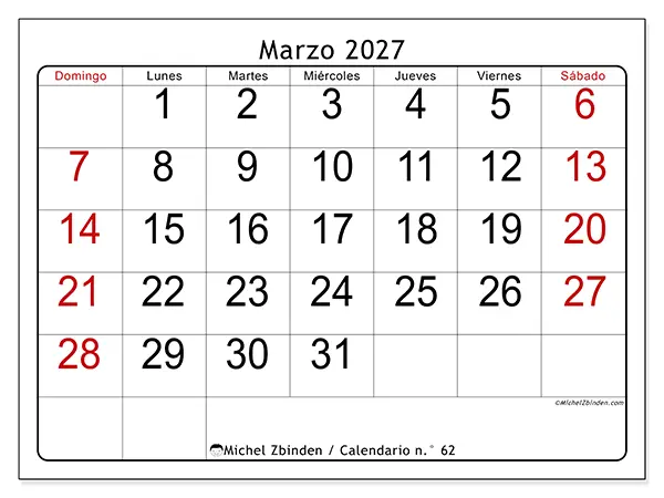 Calendario de marzo de 2027 para imprimir - Lectura rápida - Semana: de domingo a sábado